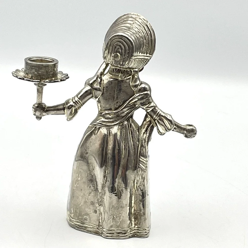 Vintage 1980s Silver Tone Victorian Lady Candle Holder Figurine 4
